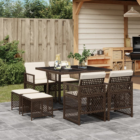 9-tlg. Garten-Essgruppe mit Kissen Braun Poly Rattan