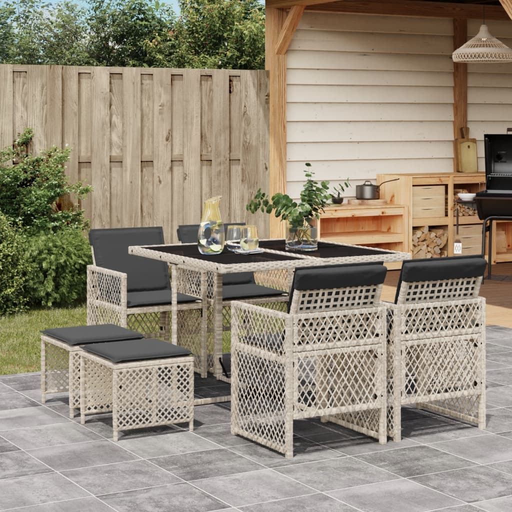 9-tlg. Garten-Essgruppe mit Kissen Hellgrau Poly Rattan