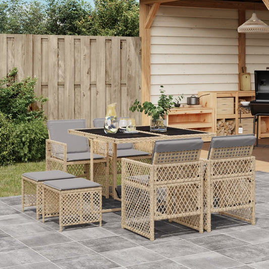 9-tlg. Garten-Essgruppe mit Kissen Beige Poly Rattan