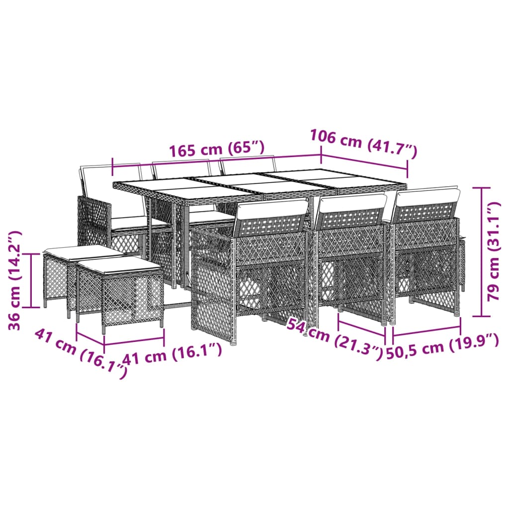 11-tlg. Garten-Essgruppe mit Kissen Schwarz Poly Rattan