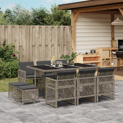 11-tlg. Garten-Essgruppe mit Kissen Grau Poly Rattan