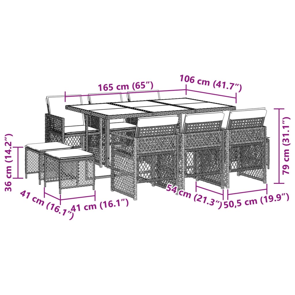 11-tlg. Garten-Essgruppe mit Kissen Braun Poly Rattan