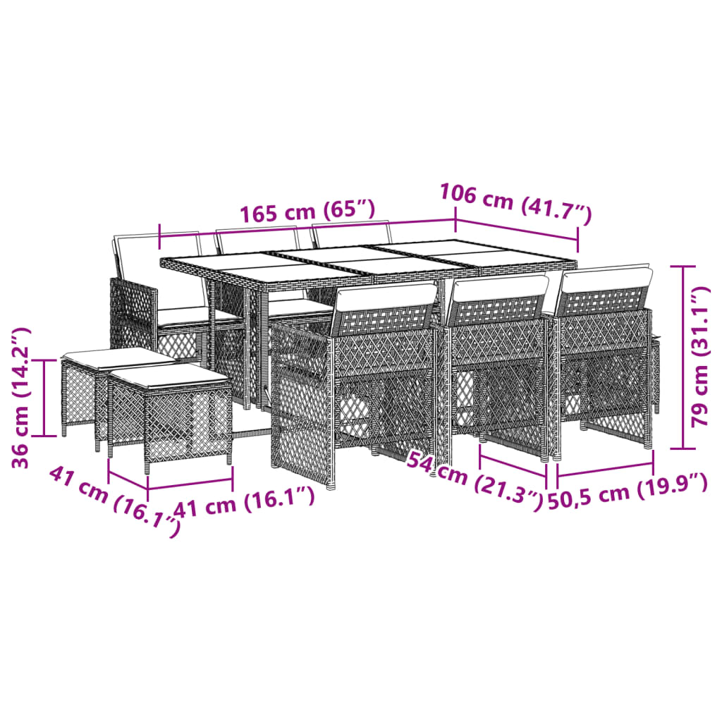 11-tlg. Garten-Essgruppe mit Kissen Beige Poly Rattan