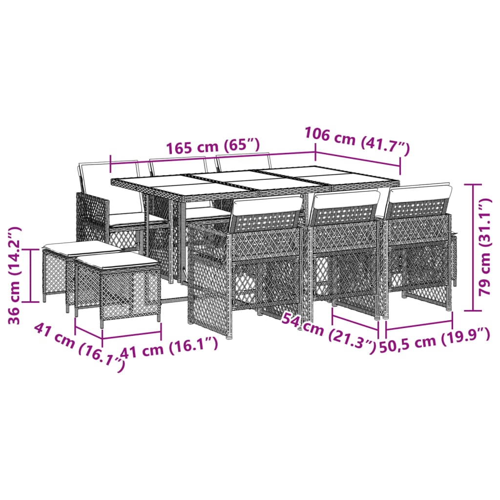 11-tlg. Garten-Essgruppe mit Kissen Hellgrau Poly Rattan