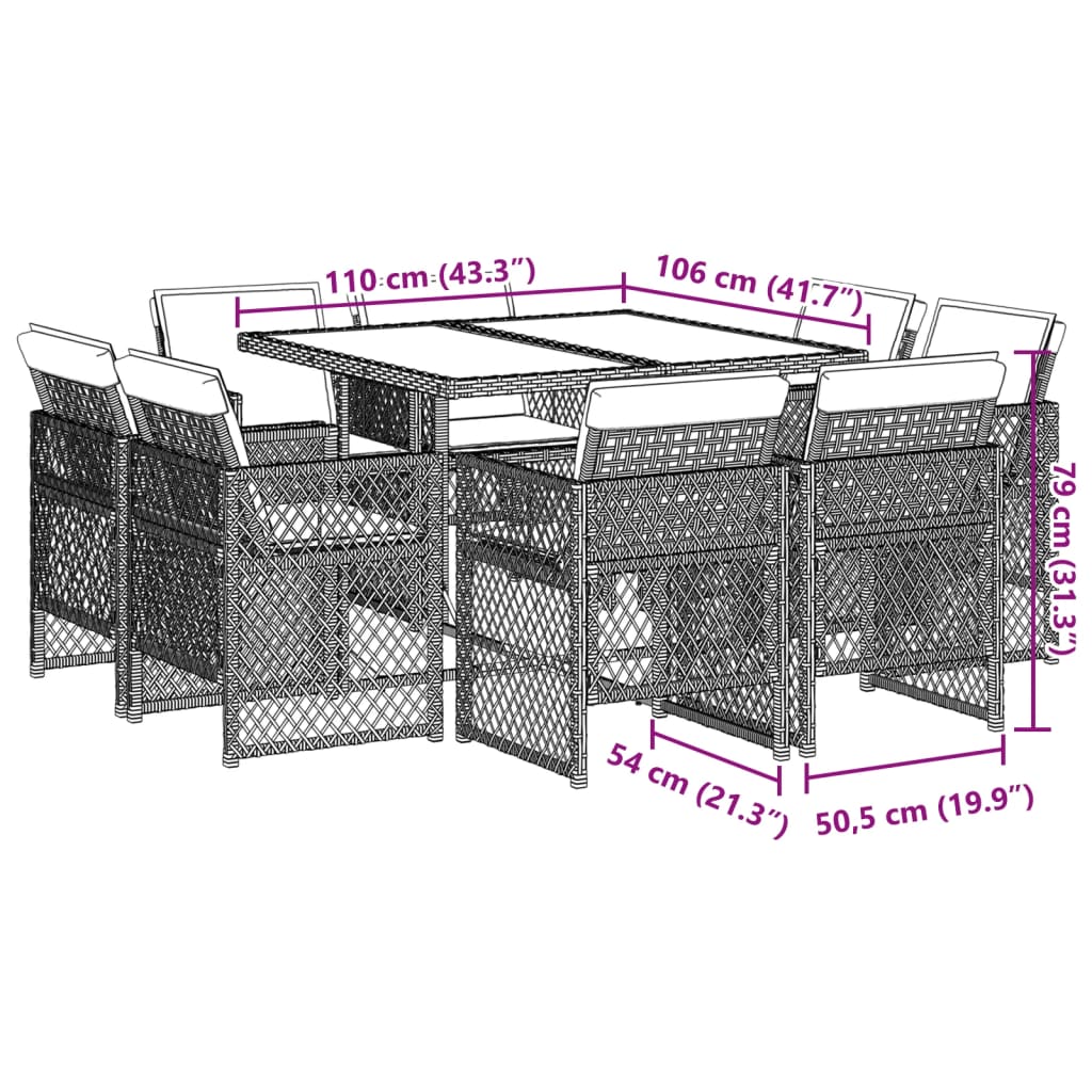 9-tlg. Garten-Essgruppe mit Kissen Hellgrau Poly Rattan