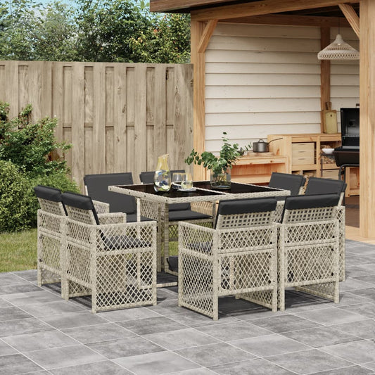 9-tlg. Garten-Essgruppe mit Kissen Hellgrau Poly Rattan