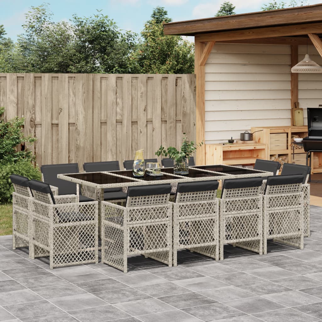 13-tlg. Garten-Essgruppe mit Kissen Hellgrau Poly Rattan