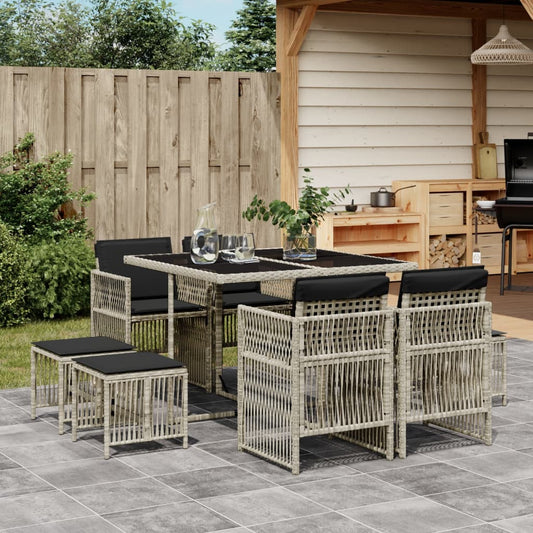 9-tlg. Garten-Essgruppe mit Kissen Hellgrau Poly Rattan