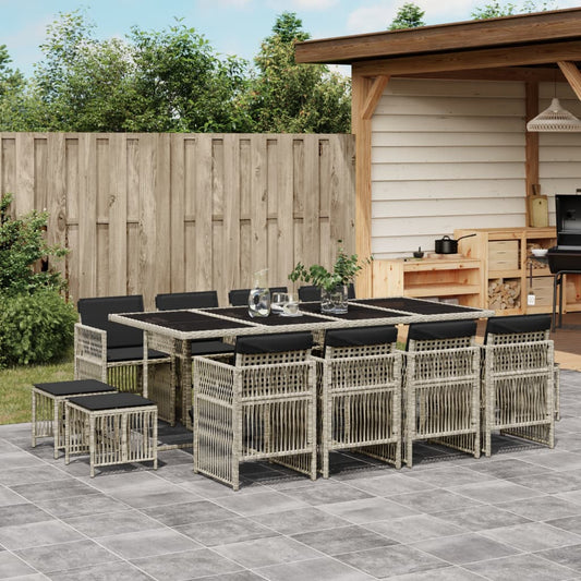13-tlg. Garten-Essgruppe mit Kissen Hellgrau Poly Rattan