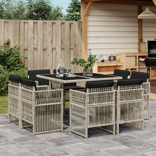 9-tlg. Garten-Essgruppe mit Kissen Hellgrau Poly Rattan