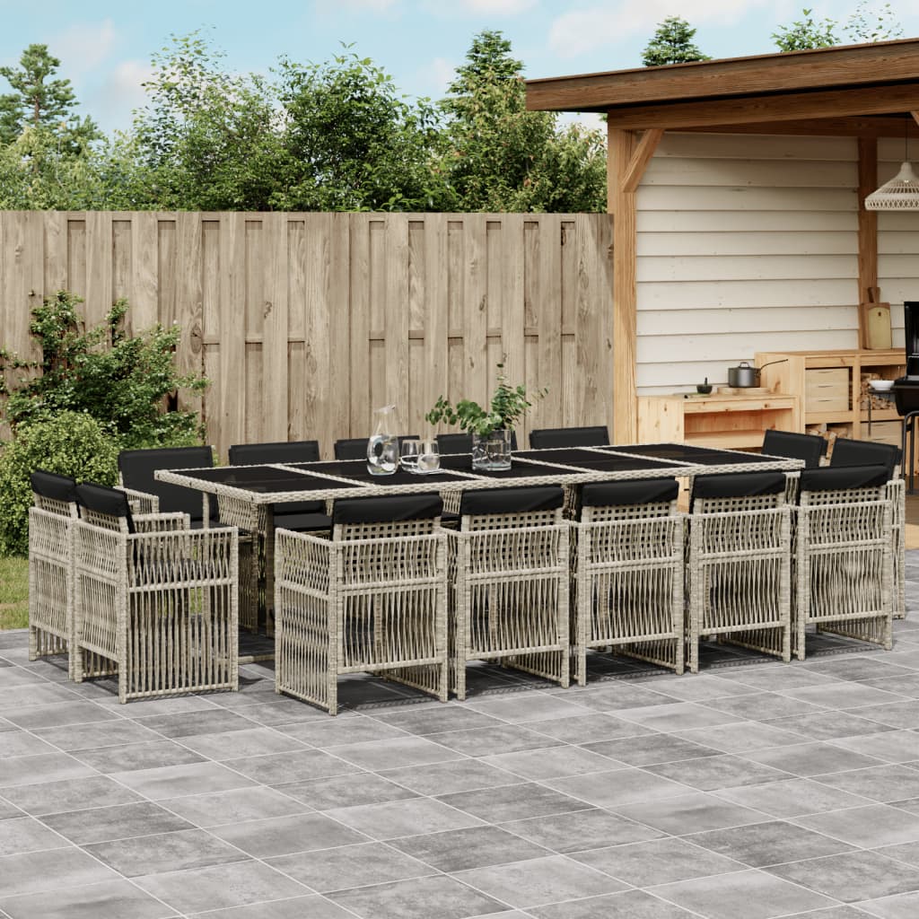 15-tlg. Garten-Essgruppe mit Kissen Hellgrau Poly Rattan