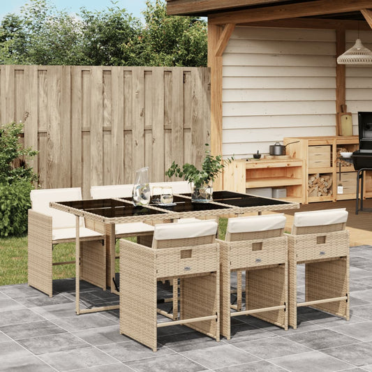 7-tlg. Garten-Essgruppe mit Kissen Beige Poly Rattan