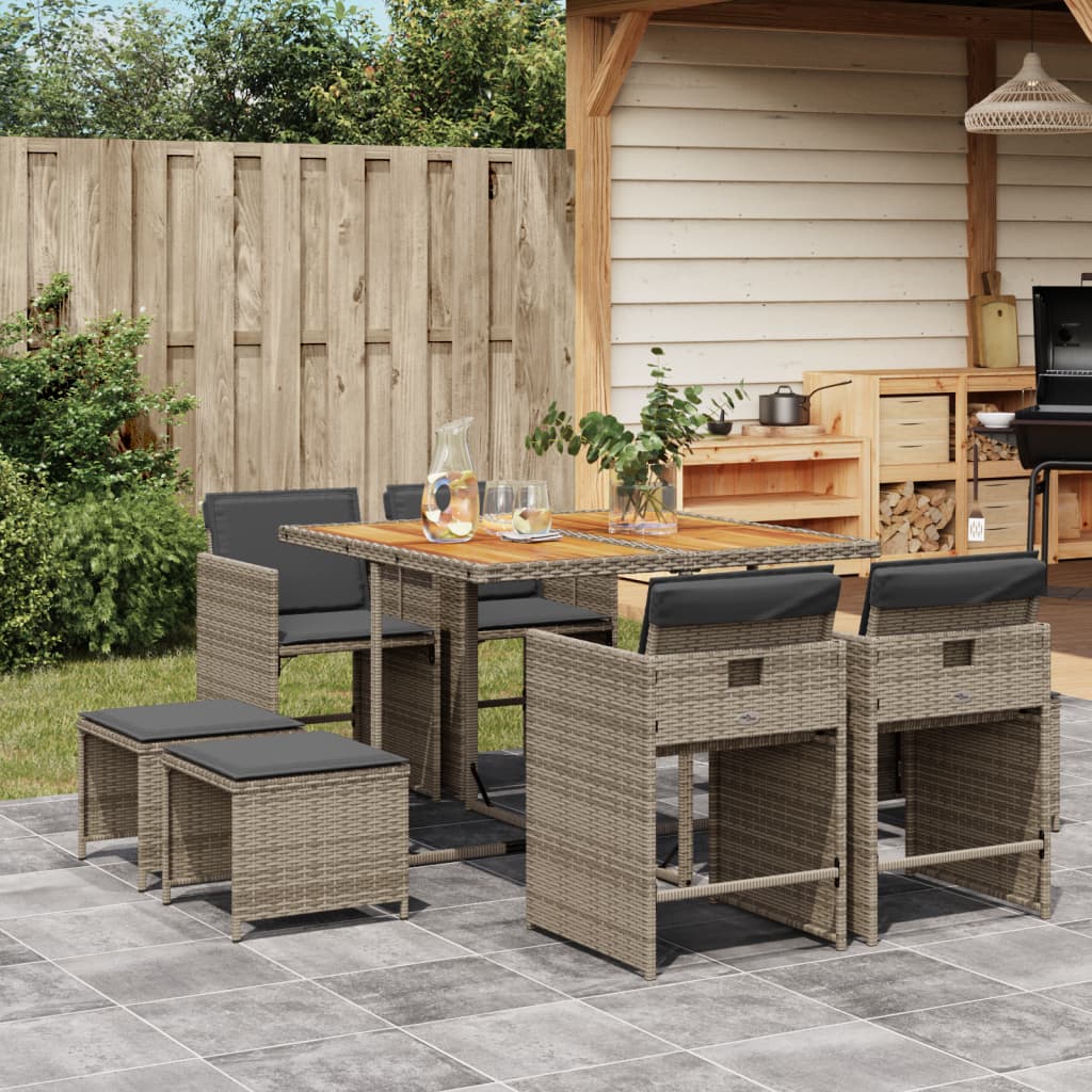 9-tlg. Garten-Essgruppe mit Kissen Grau Poly Rattan