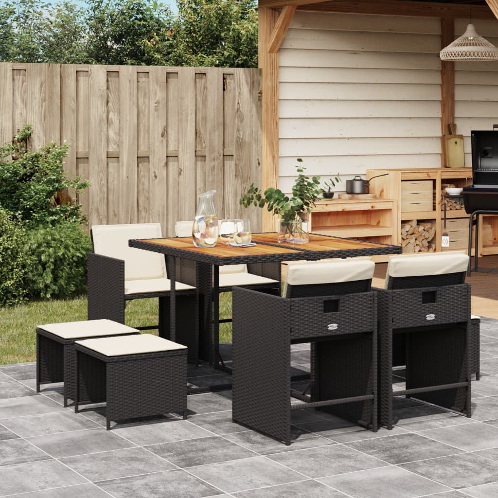 9-tlg. Garten-Essgruppe mit Kissen Schwarz Poly Rattan