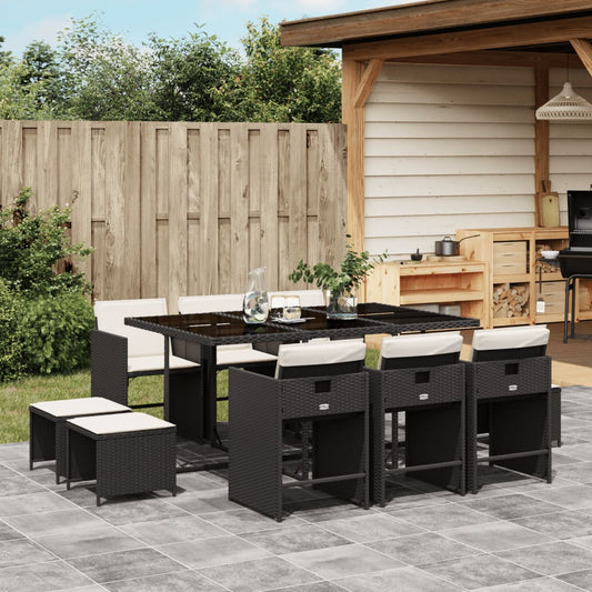 11-tlg. Garten-Essgruppe mit Kissen Schwarz Poly Rattan