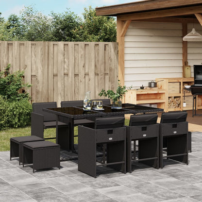 11-tlg. Garten-Essgruppe mit Kissen Schwarz Poly Rattan