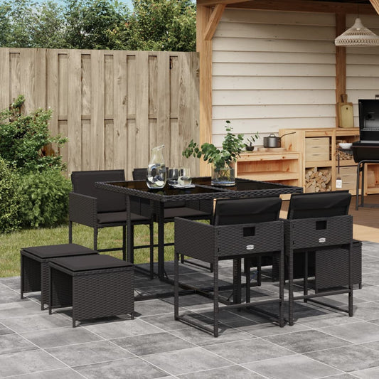 9-tlg. Garten-Essgruppe mit Kissen Schwarz Poly Rattan