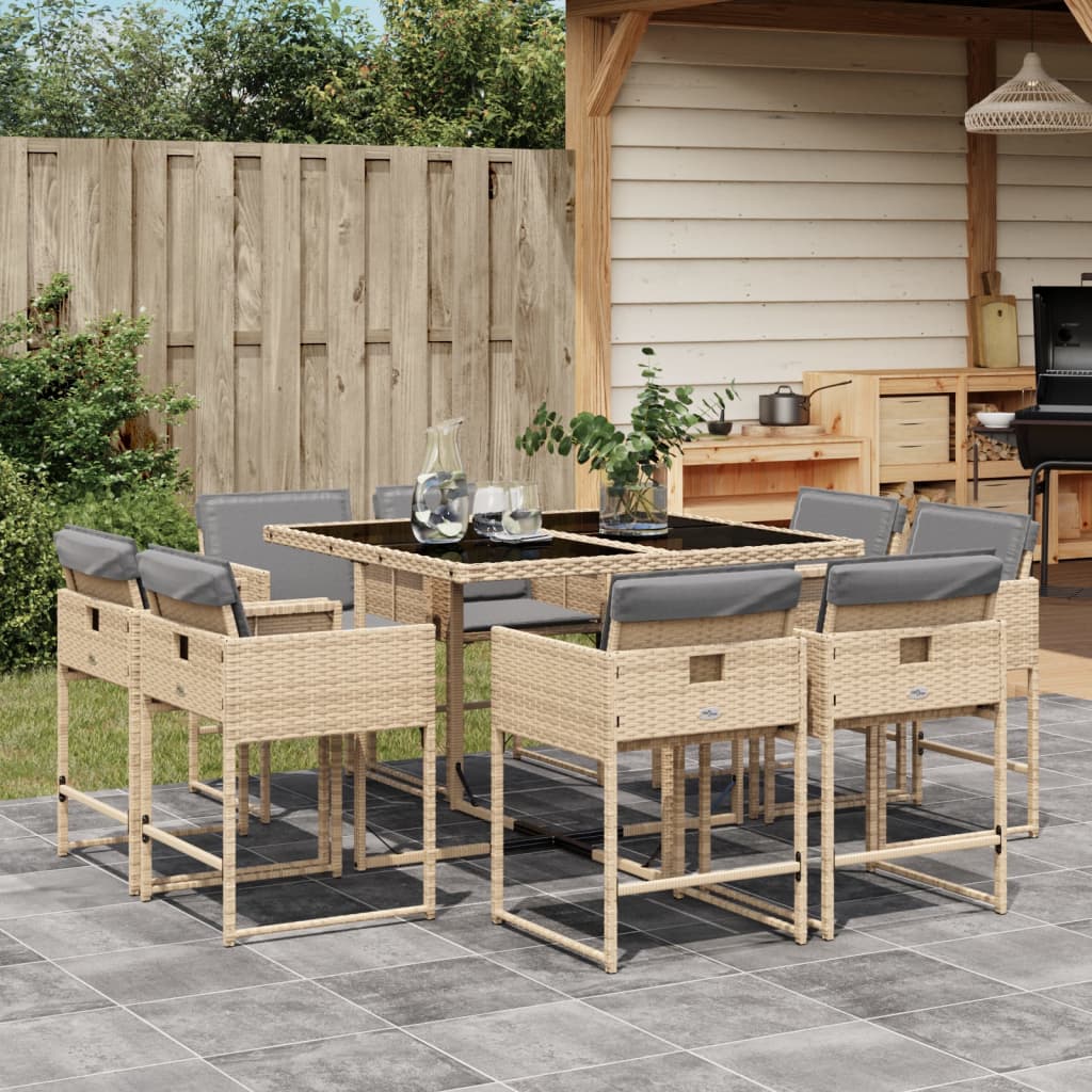 9-tlg. Garten-Essgruppe mit Kissen Beigemischung Poly Rattan