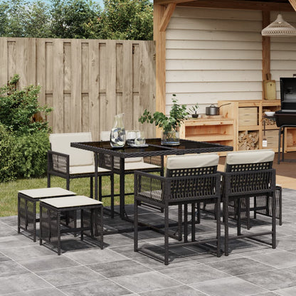 9-tlg. Garten-Essgruppe mit Kissen Schwarz Poly Rattan