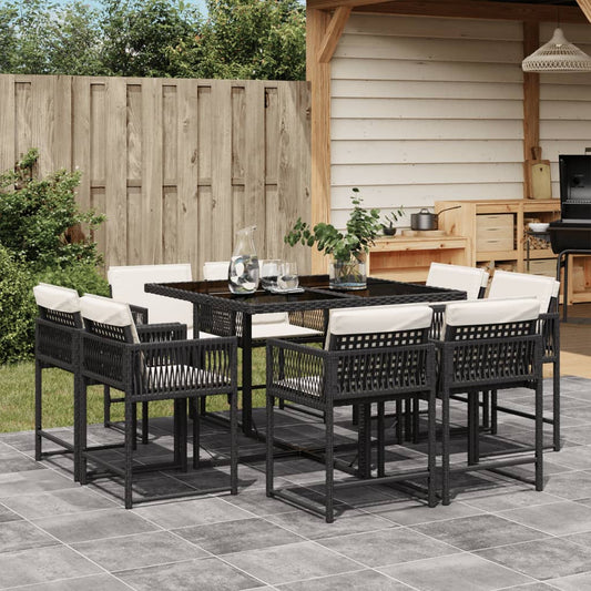 9-tlg. Garten-Essgruppe mit Kissen Schwarz Poly Rattan