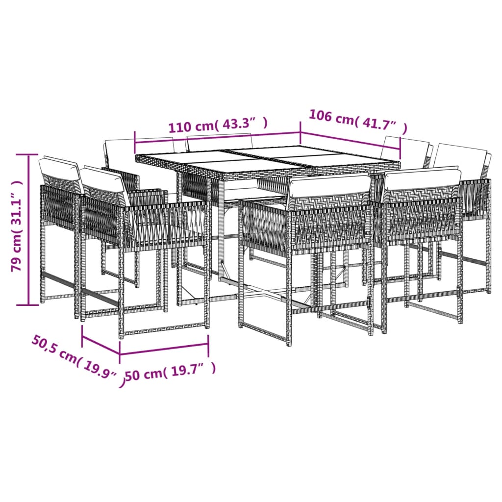 9-tlg. Garten-Essgruppe mit Kissen Grau Poly Rattan