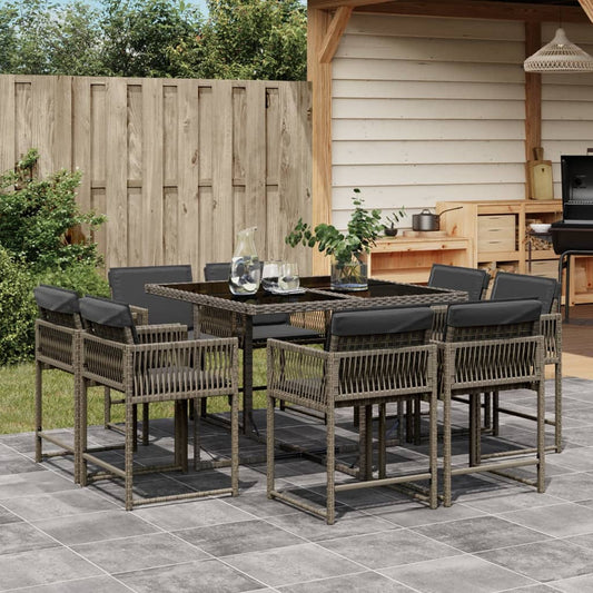 9-tlg. Garten-Essgruppe mit Kissen Grau Poly Rattan