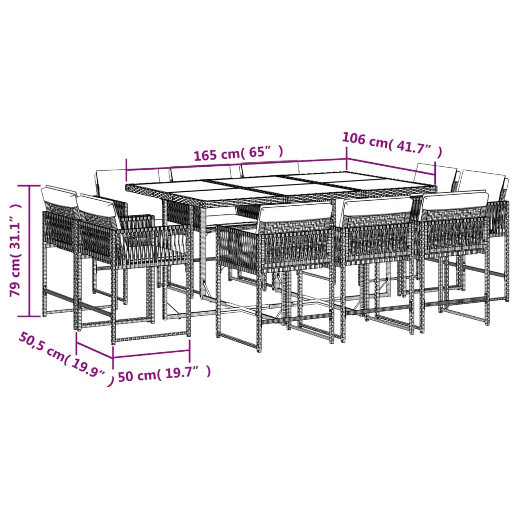 11-tlg. Garten-Essgruppe mit Kissen Schwarz Poly Rattan