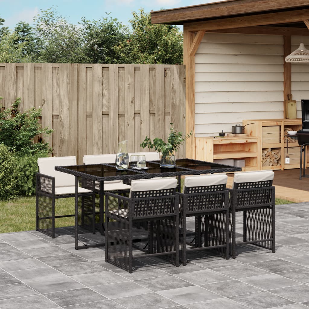 7-tlg. Garten-Essgruppe mit Kissen Schwarz Poly Rattan