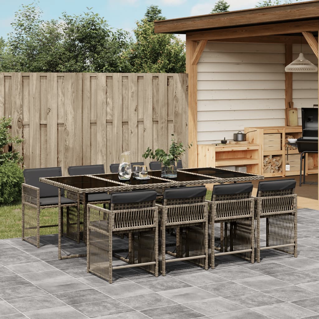 9-tlg. Garten-Essgruppe mit Kissen Grau Poly Rattan