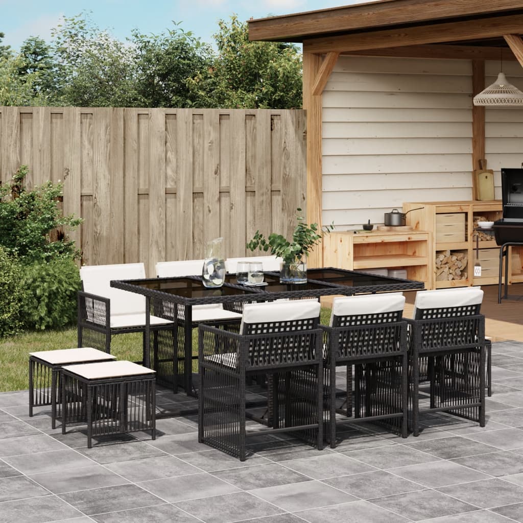 11-tlg. Garten-Essgruppe mit Kissen Schwarz Poly Rattan