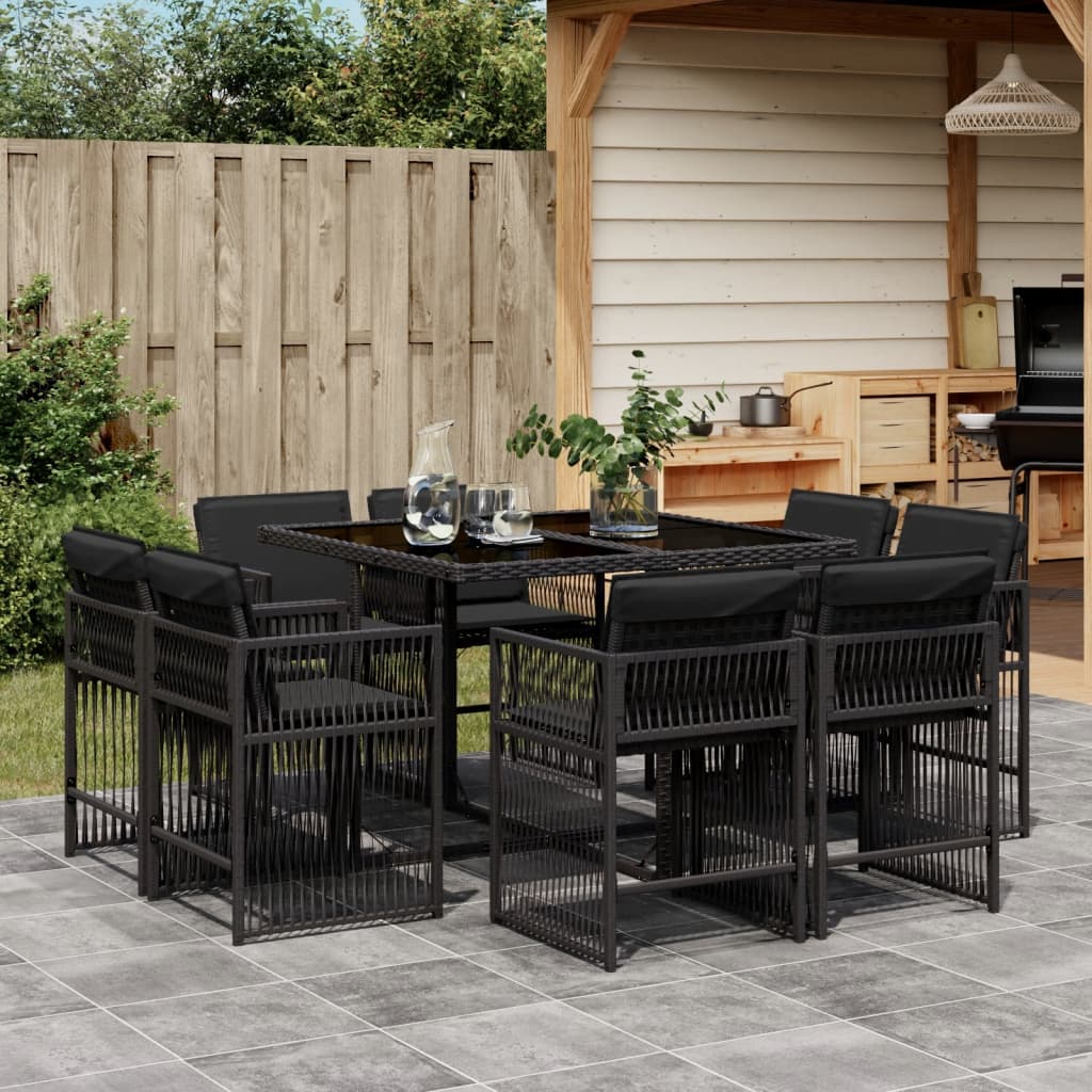 9-tlg. Garten-Essgruppe mit Kissen Schwarz Poly Rattan