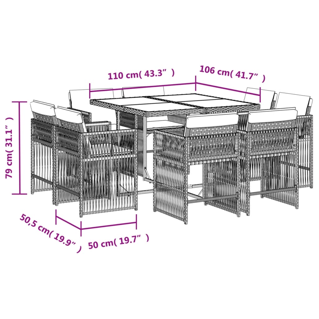 9-tlg. Garten-Essgruppe mit Kissen Grau Poly Rattan