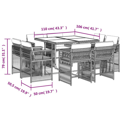 9-tlg. Garten-Essgruppe mit Kissen Grau Poly Rattan