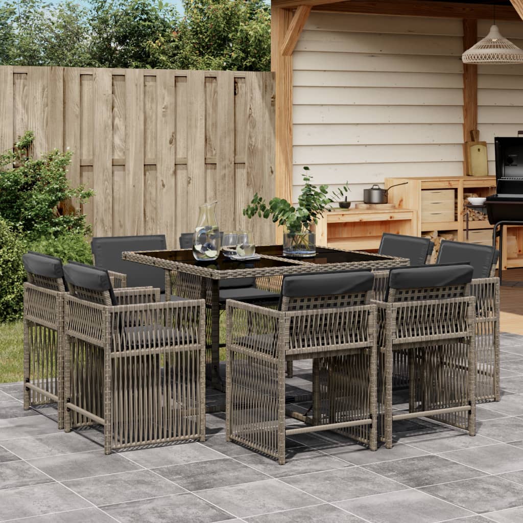 9-tlg. Garten-Essgruppe mit Kissen Grau Poly Rattan