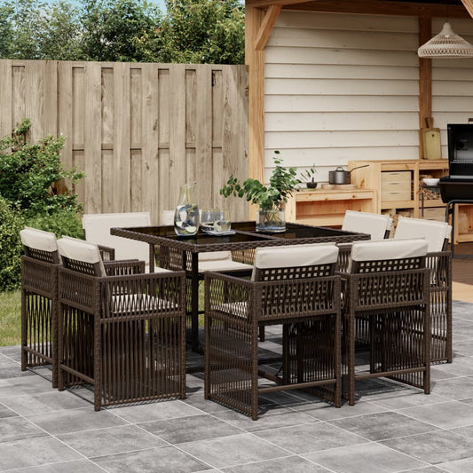 9-tlg. Garten-Essgruppe mit Kissen Braun Poly Rattan