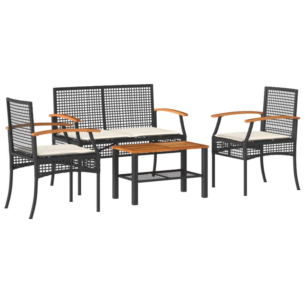 4-tlg. Garten-Lounge-Set mit Kissen Schwarz Poly Rattan