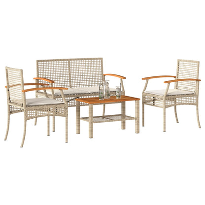 4-tlg. Garten-Lounge-Set mit Kissen Beige Poly Rattan