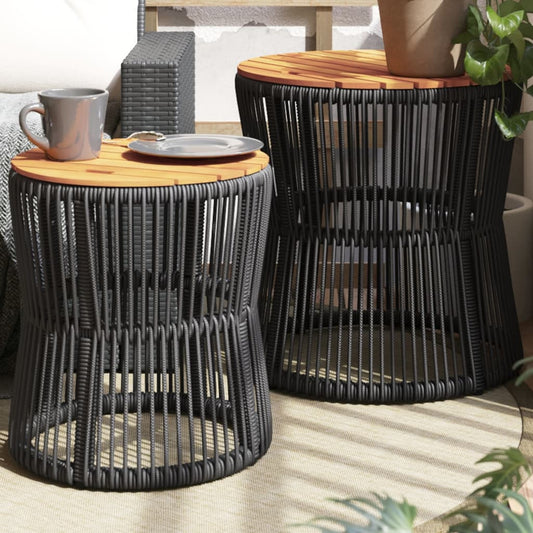 Garten-Beistelltische 2 Stk. mit Holzplatte Schwarz Poly Rattan