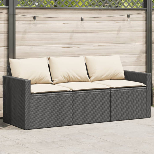 Gartensofa mit Kissen 3-Sitzer Schwarz Poly Rattan