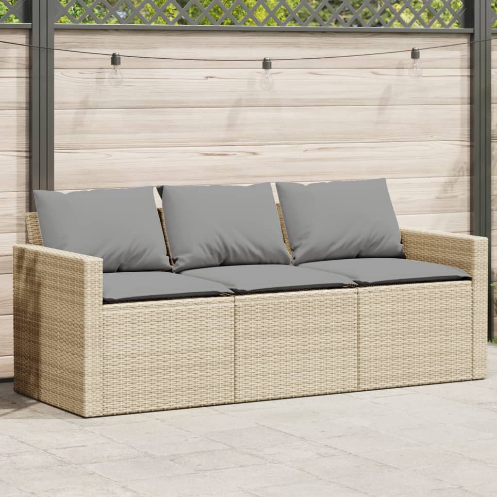 Gartensofa mit Kissen 3-Sitzer Beige Poly Rattan