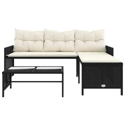 Gartensofa in L-Form mit Tisch und Kissen Schwarz Poly Rattan