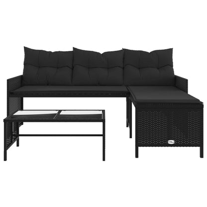 Gartensofa in L-Form mit Tisch und Kissen Schwarz Poly Rattan