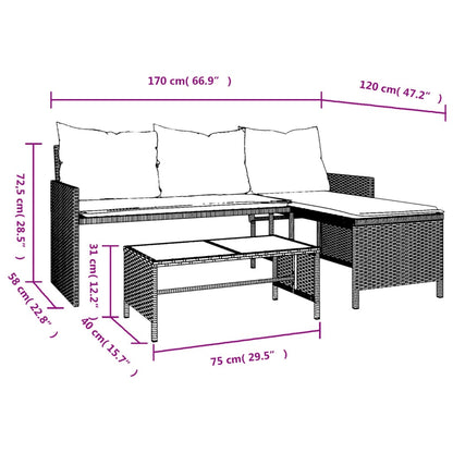 Gartensofa in L-Form mit Tisch und Kissen Braun Poly Rattan