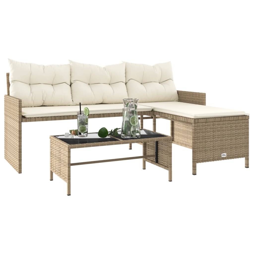 Gartensofa in L-Form mit Tisch und Kissen Beige Poly Rattan