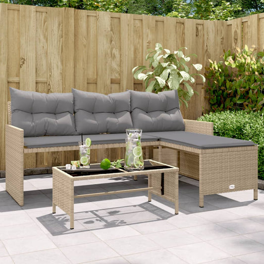 Gartensofa in L-Form mit Tisch und Kissen Beige Poly Rattan