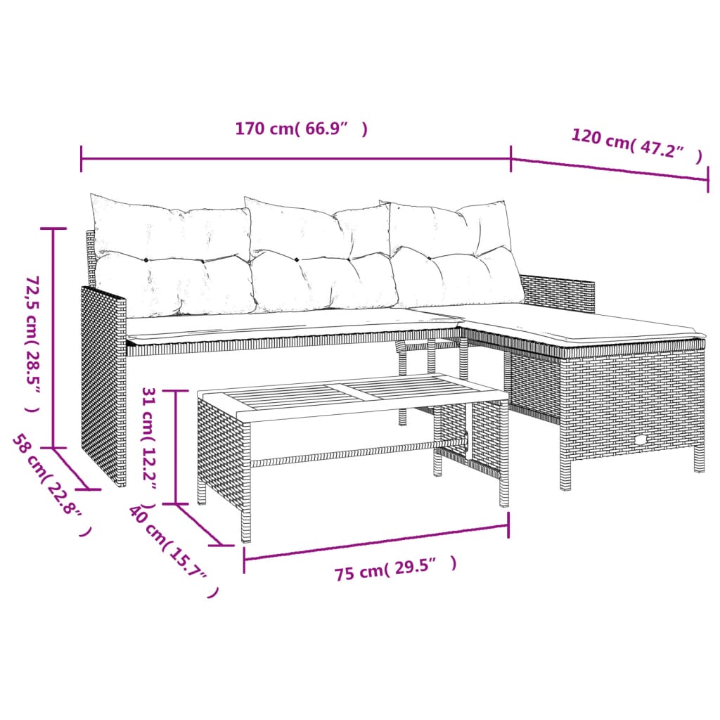 Gartensofa in L-Form mit Tisch und Kissen Schwarz Poly Rattan