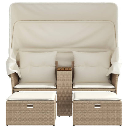 Gartensofa 2-Sitzer mit Dach und Hockern Beige Poly Rattan