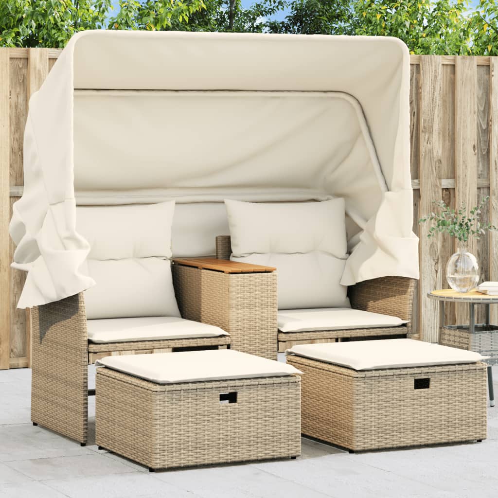 Gartensofa 2-Sitzer mit Dach und Hockern Beige Poly Rattan