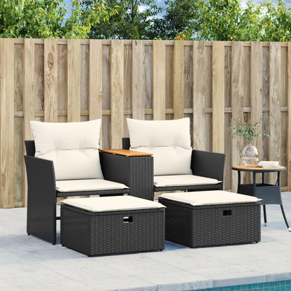 Gartensofa 2-Sitzer mit Hockern Schwarz Poly Rattan