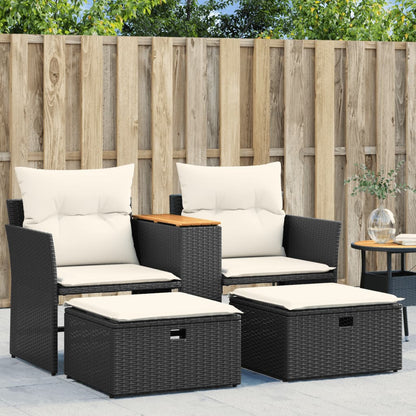 Gartensofa 2-Sitzer mit Hockern Schwarz Poly Rattan